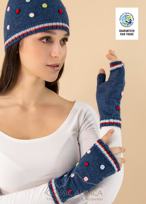 Popcorn Knit Alpaca Fingerless Gloves - Fleece Lining
