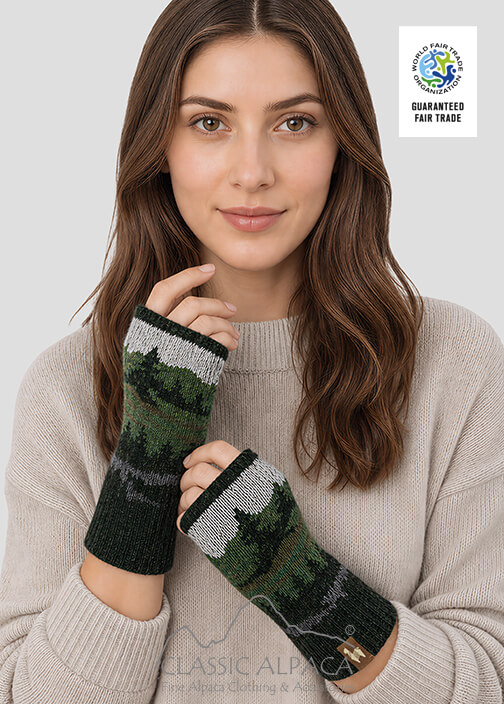 Baby alpaca fingerless gloves with green nature-inspired landscape pattern