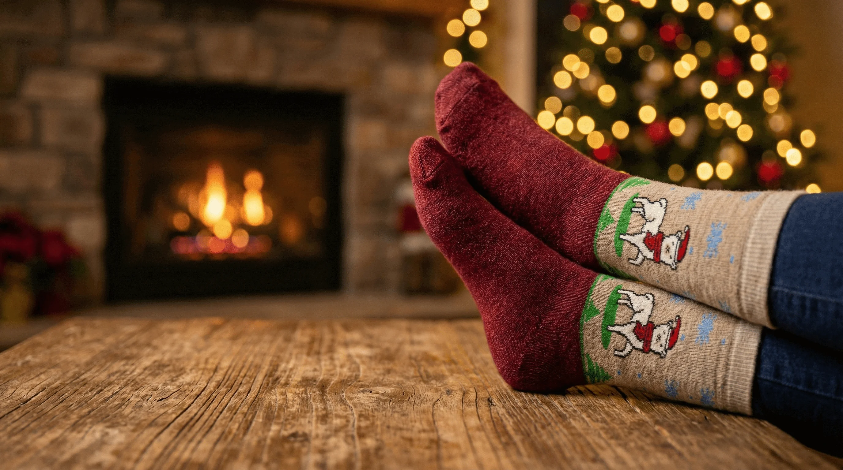 Person wearing cozy alpaca socks near a Christmas tree