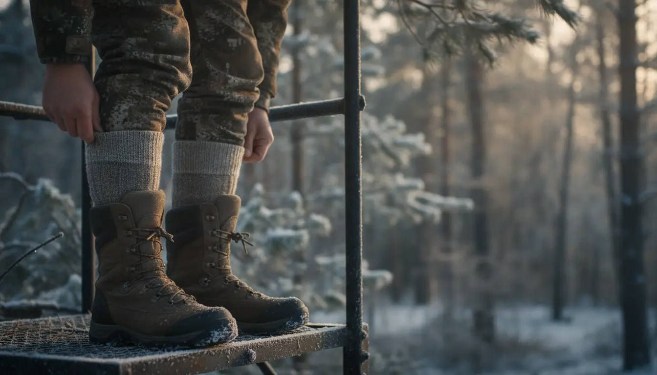 A close-up of premium alpaca hunting socks paired with rugged leather boots on a cold, snowy forest floor.