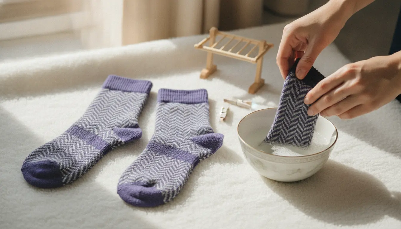 A pair of high-quality, soft alpaca wool socks being gently hand washed in warm soapy water.