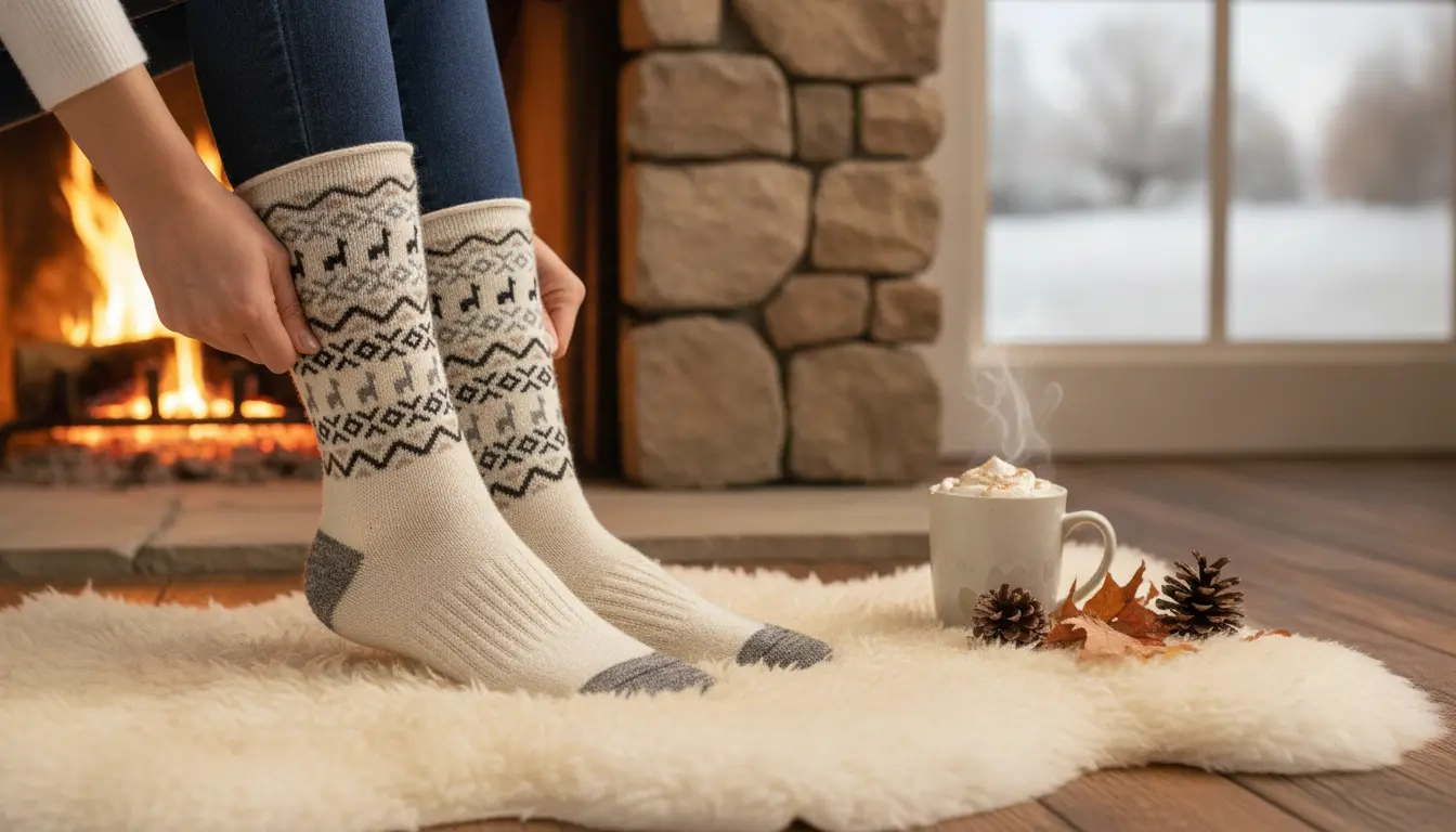 Luxurious collection of premium alpaca socks displayed in a cozy, stylish rustic setting.