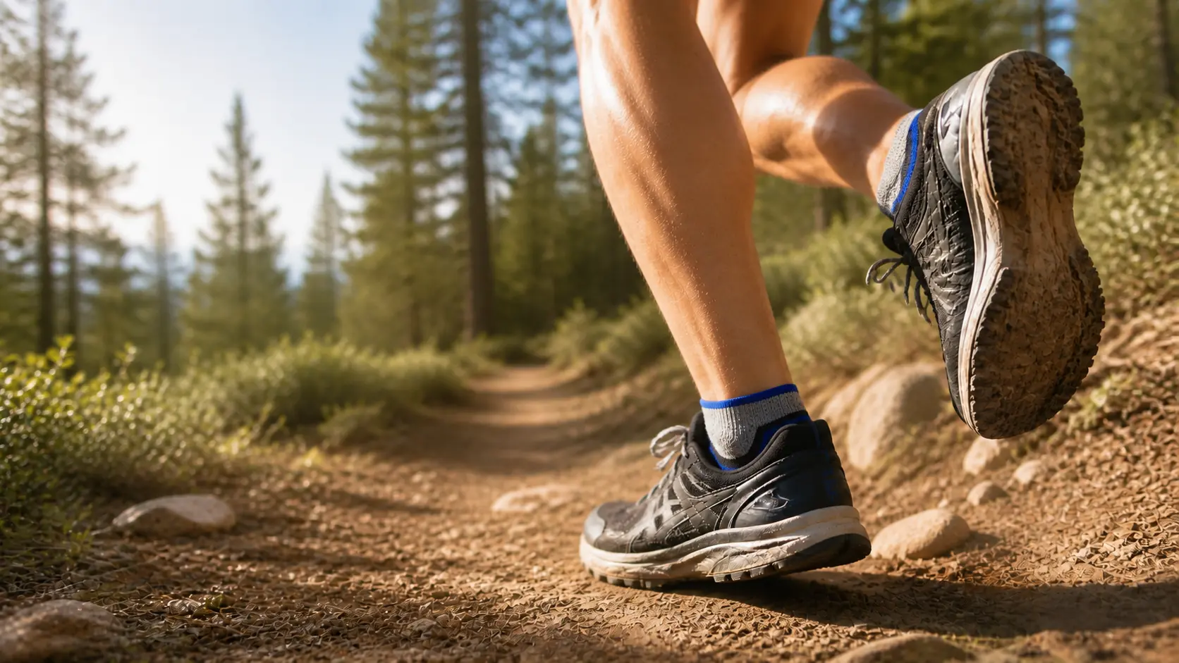High-performance alpaca socks designed for athletes and active runners on an outdoor trail.